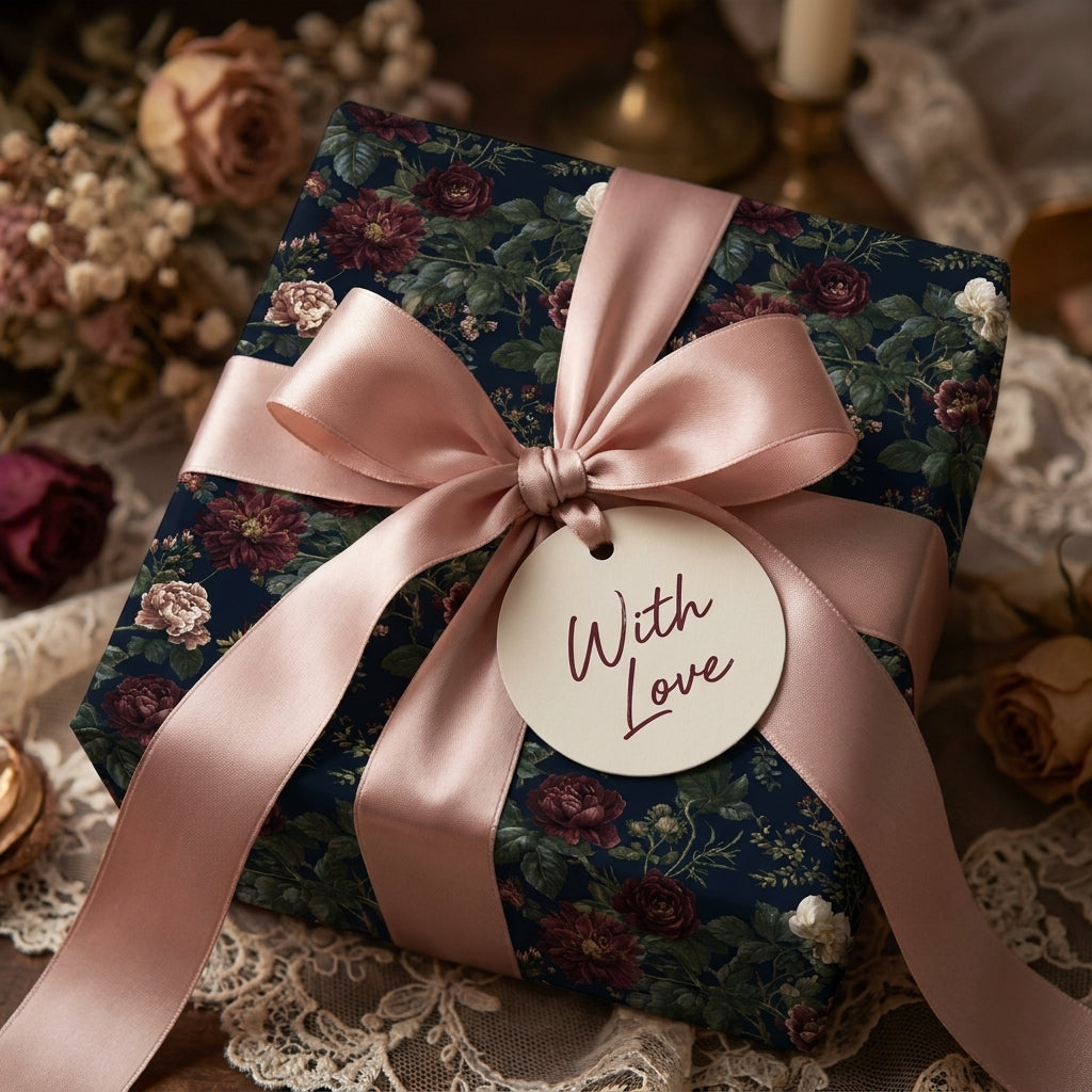 Vintage floral wrapping paper by Wrapped Studios on a gift with dusty rose ribbon and 'With Love' tag.