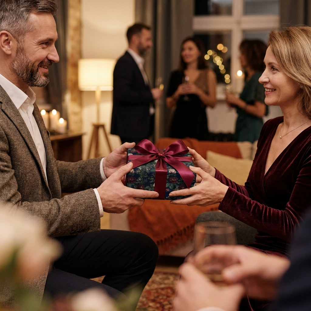 Man gifting a present in luxury floral wrapping paper with a burgundy ribbon by Wrapped Studios.