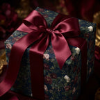 Moody vintage floral wrapping paper with a burgundy satin bow on a gift box by Wrapped Studios.