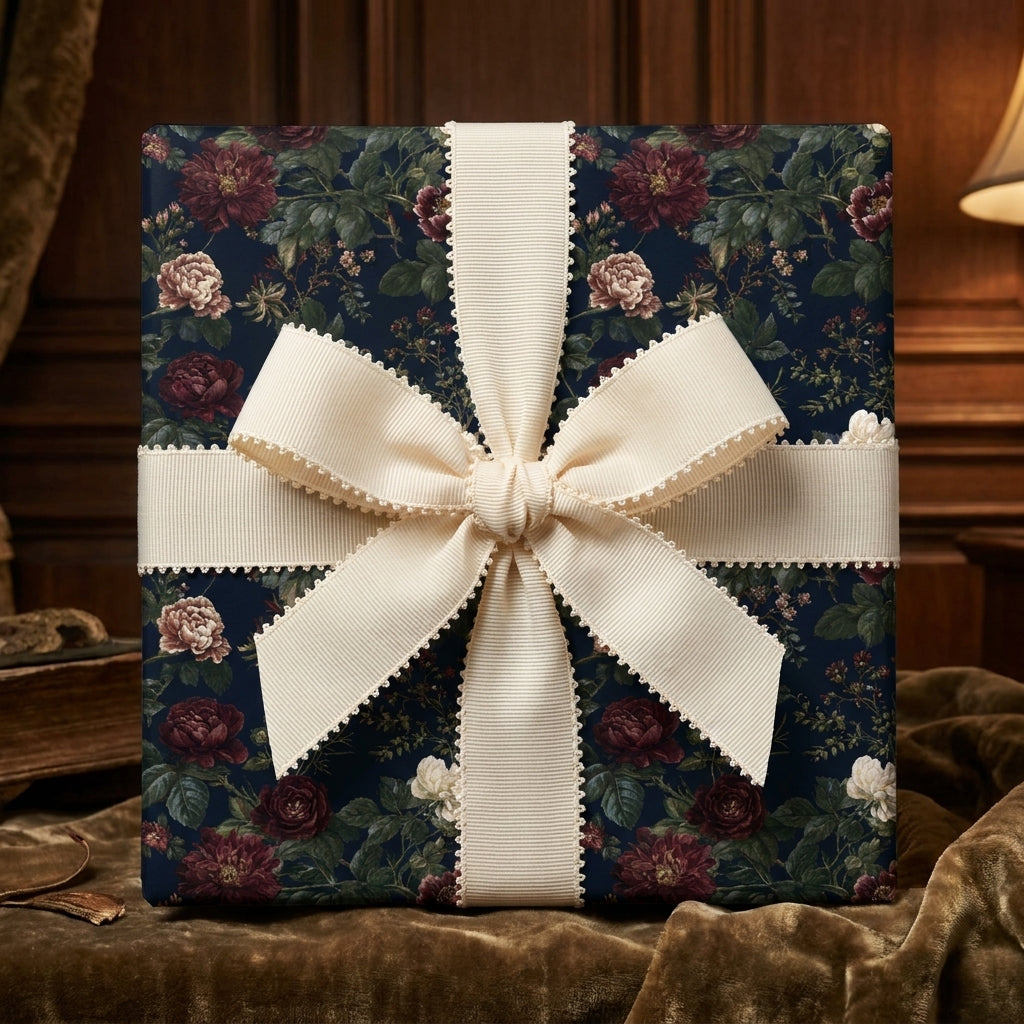 Moody dark floral wrapping paper with a cream ribbon bow, luxury gift wrap by Wrapped Studios.