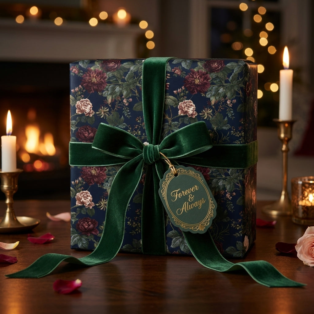 Dark vintage floral wrapping paper with a green velvet ribbon on a luxury gift box by Wrapped Studios.