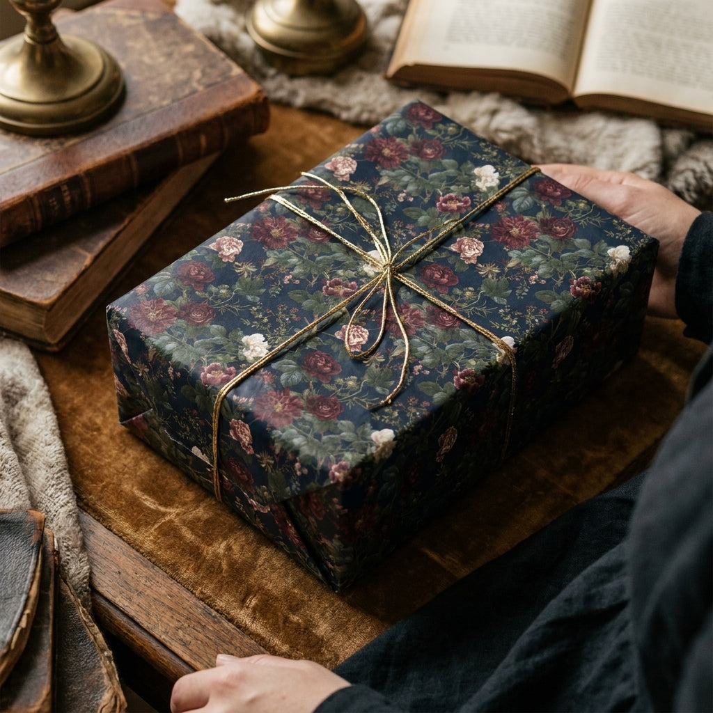 Vintage dark floral wrapping paper with gold string on a gift box by Wrapped Studios.