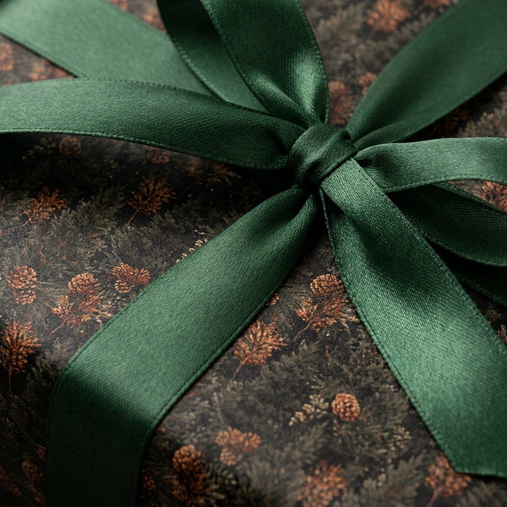 Luxury forest Christmas gift wrap with pinecones and a green satin ribbon by Wrapped Studios.