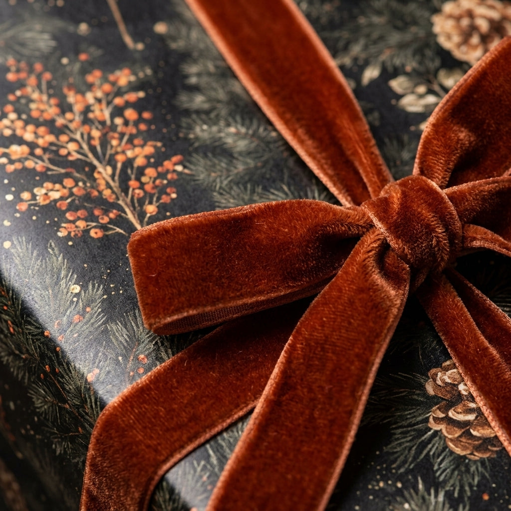 Luxury Christmas gift wrap with pinecone print and a rust velvet ribbon bow by Wrapped Studios.