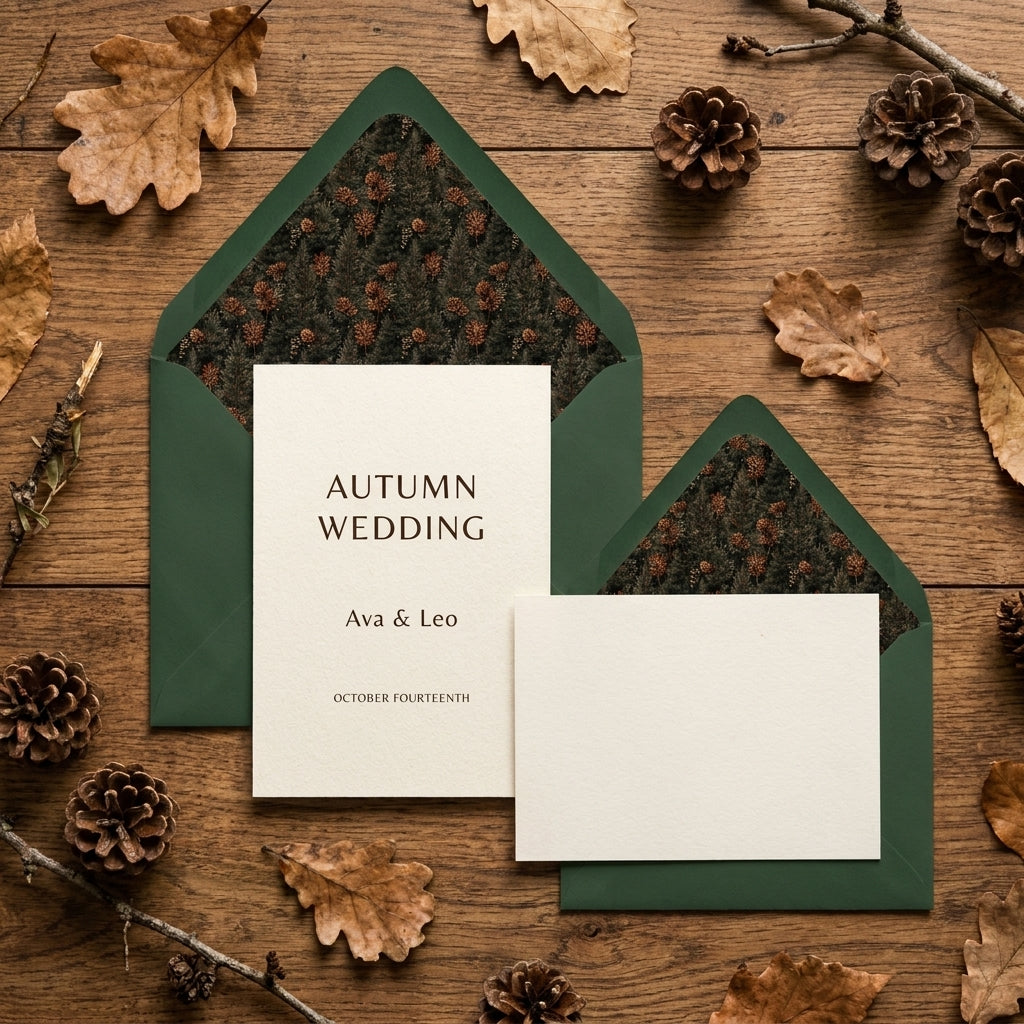 Rustic forest green autumn wedding invitation suite with pinecone envelope liner by Wrapped Studios.