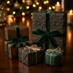 Luxury Christmas wrapping paper with forest print and green velvet ribbons by Wrapped Studios.