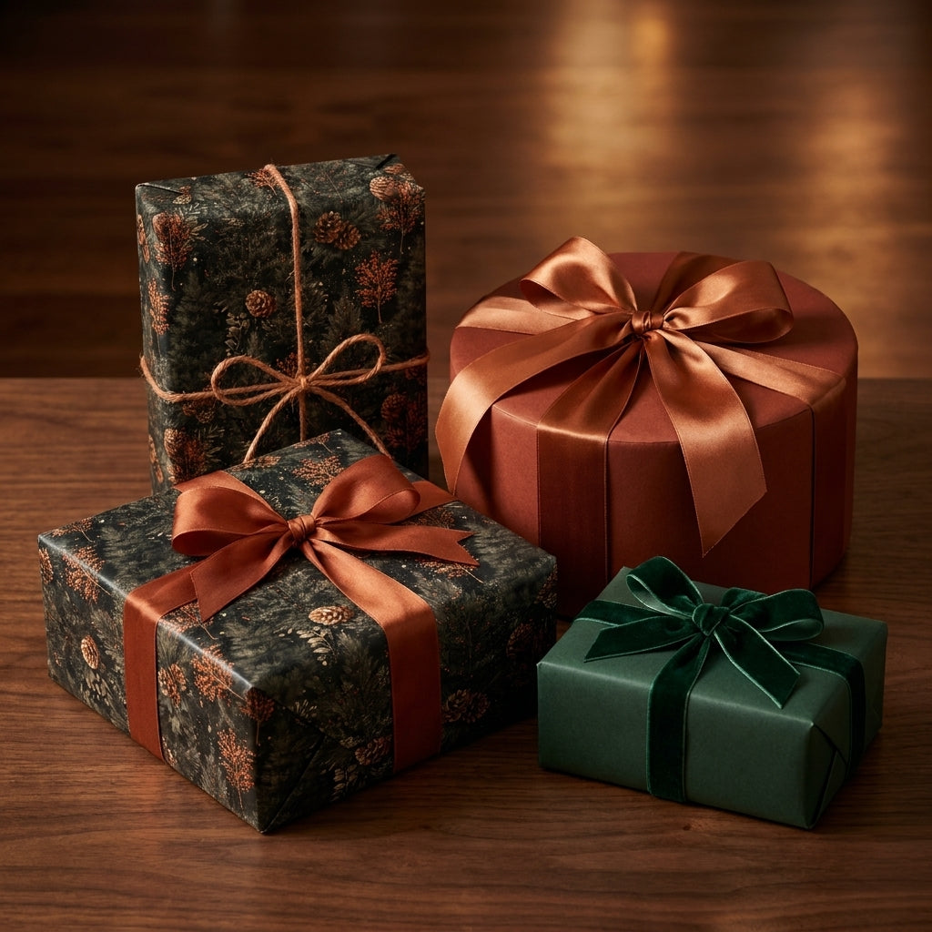 Luxury Christmas gift wrap with forest pinecone pattern and satin ribbons by Wrapped Studios.