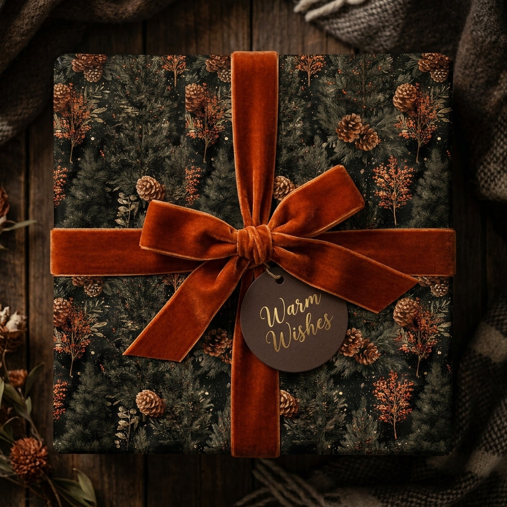 Luxury Christmas wrapping paper with a rustic pinecone pattern and orange velvet bow by Wrapped Studios.