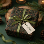 Rustic forest Christmas wrapping paper with green ribbon and "For You" gift tag by Wrapped Studios.