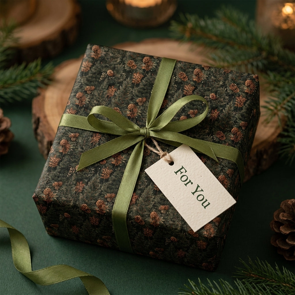 Rustic forest Christmas wrapping paper with green ribbon and "For You" gift tag by Wrapped Studios.