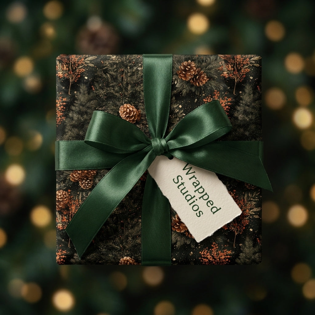 Luxury forest green Christmas gift wrap with a pinecone pattern and satin ribbon by Wrapped Studios.