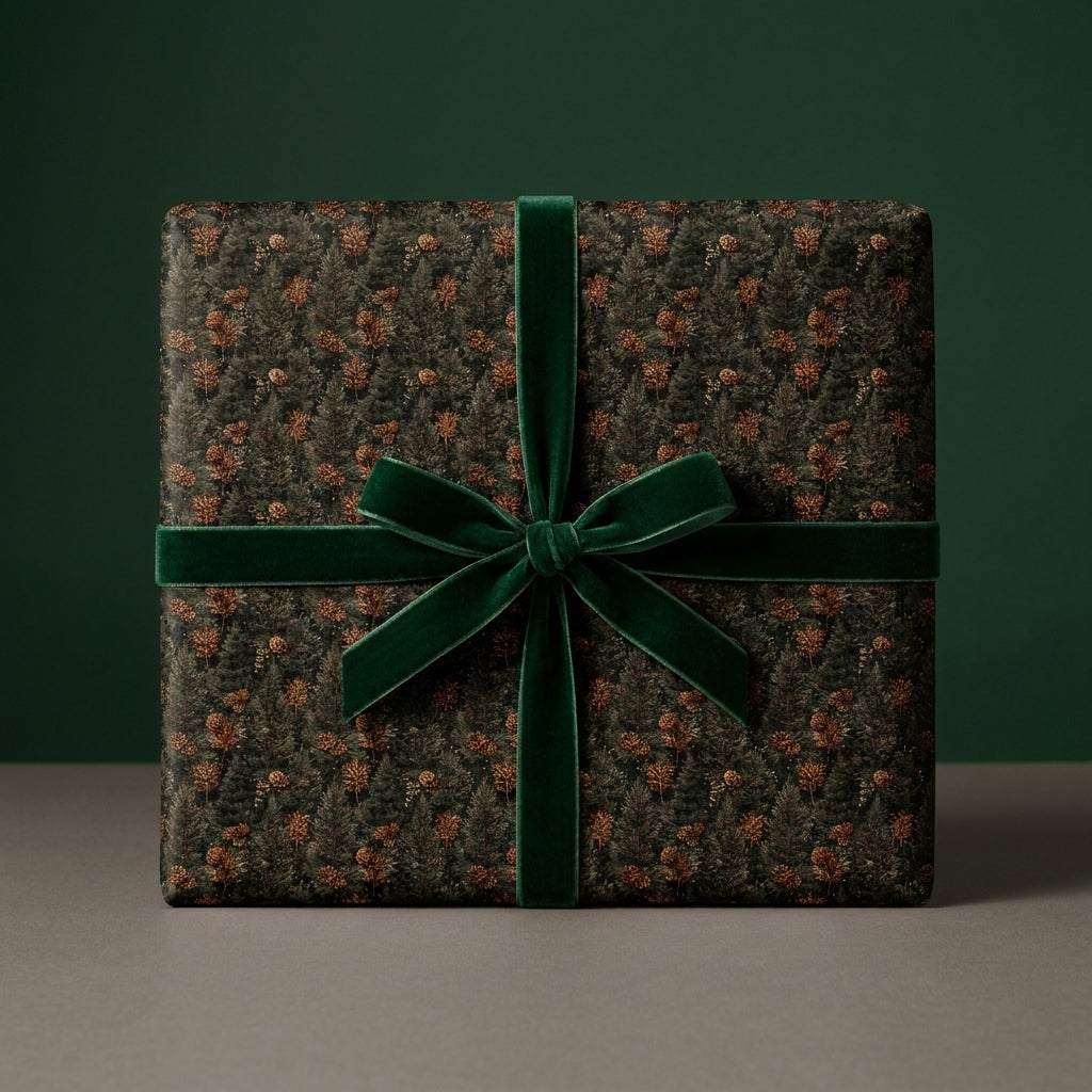 Luxury forest Christmas wrapping paper with a green velvet bow by Wrapped Studios.