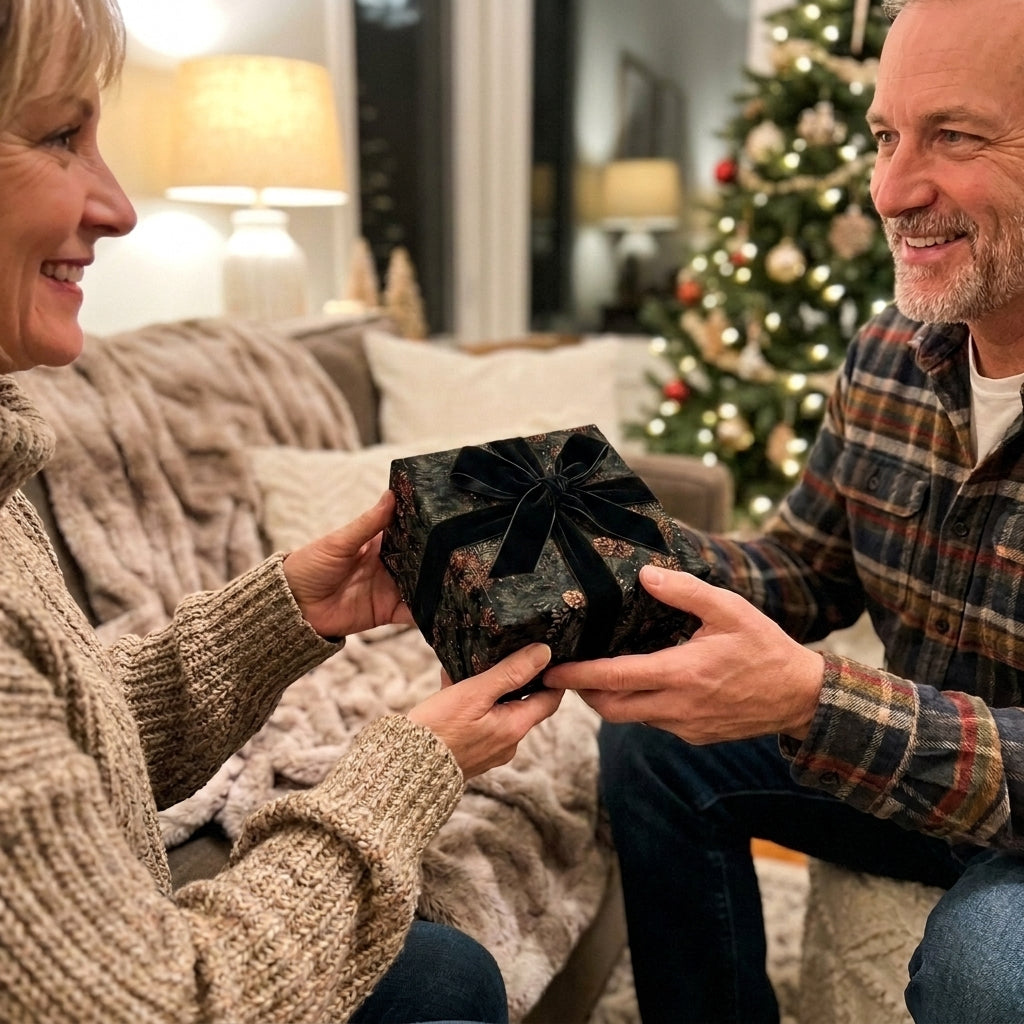 Couple exchanging a gift in luxury Christmas wrapping paper by Wrapped Studios.