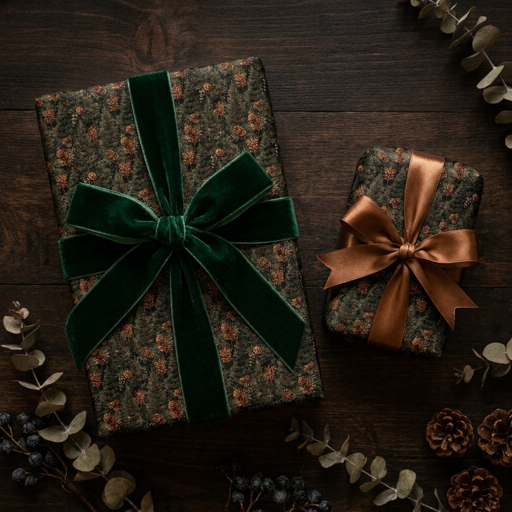 Luxury woodland Christmas wrapping paper with green velvet bow on rustic wood by Wrapped Studios.