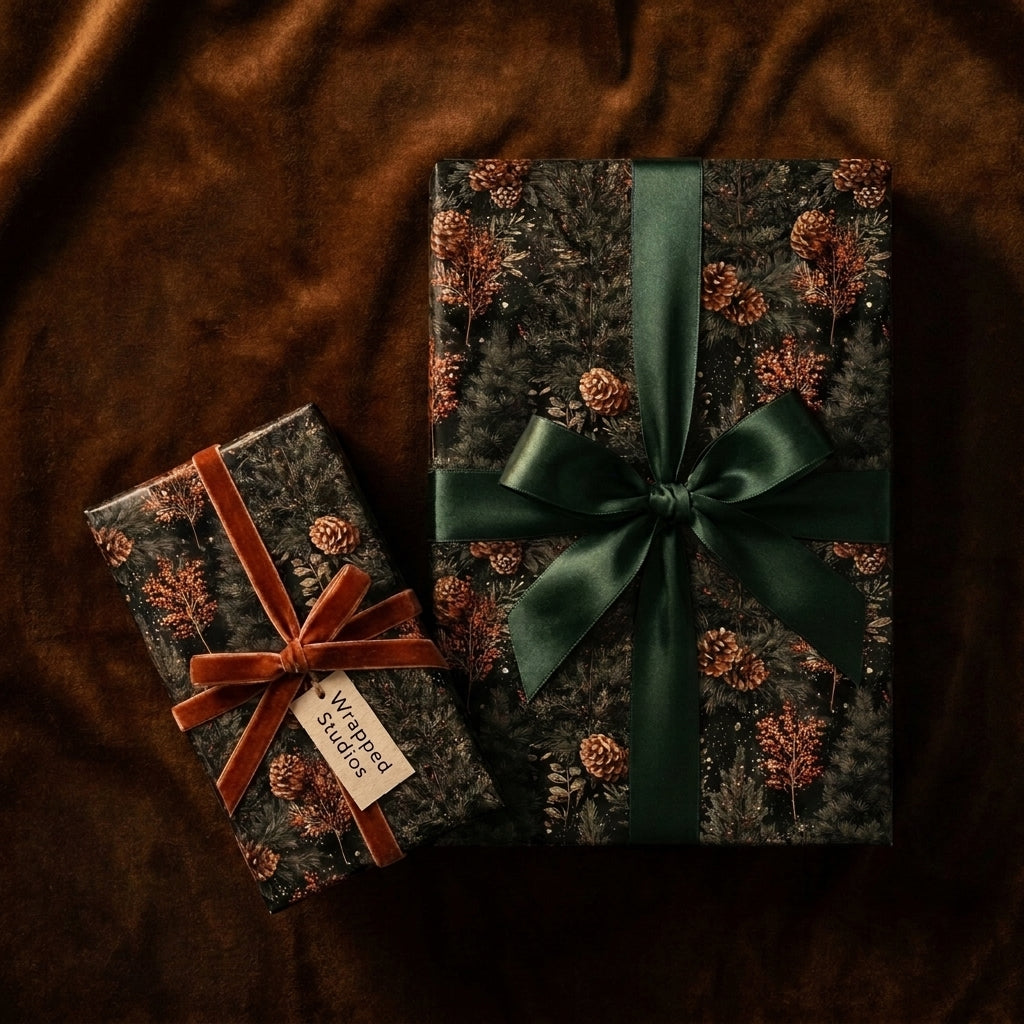 Luxury Christmas wrapping paper with pinecone pattern, satin bow, and velvet ribbon by Wrapped Studios.