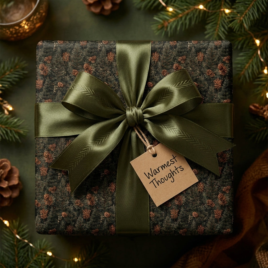 Luxury forest Christmas wrapping paper with olive green satin bow by Wrapped Studios.