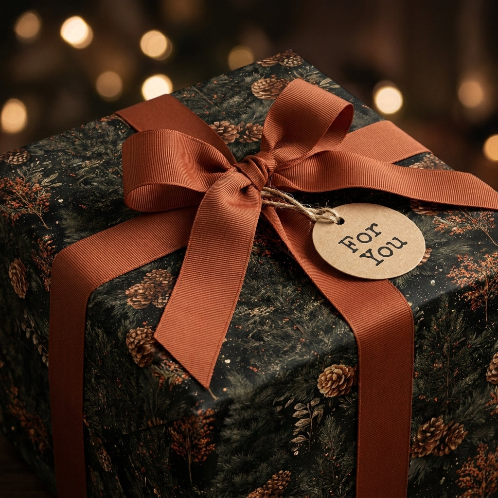 Rustic Christmas wrapping paper with pinecone pattern, orange ribbon, and gift tag by Wrapped Studios.