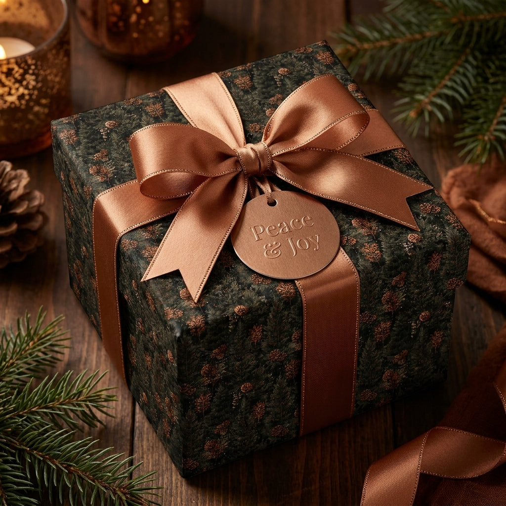 Luxury forest green Christmas gift wrap with a copper bow and "Peace & Joy" tag, by Wrapped Studios.