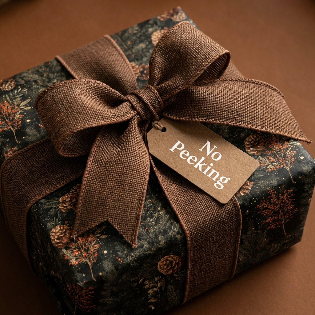 Rustic Christmas wrapping paper with pinecones and a burlap bow by Wrapped Studios.