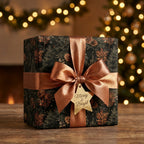 Luxury botanical Christmas wrapping paper with a bronze ribbon and gold tag by Wrapped Studios.