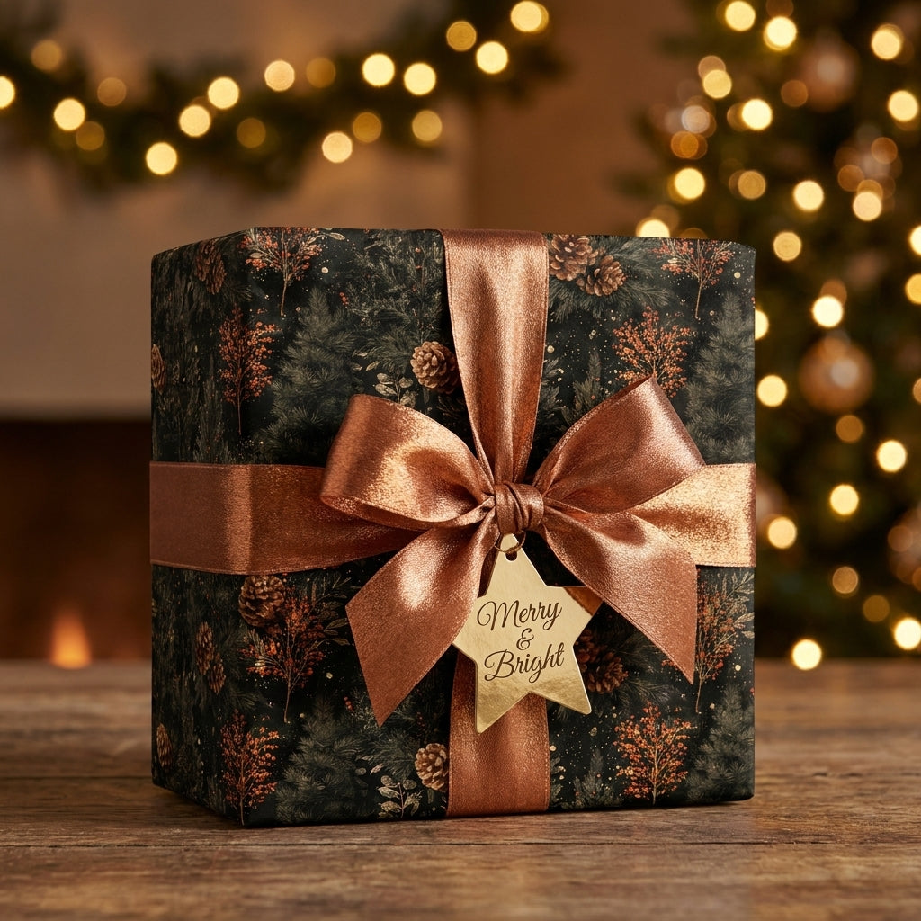 Luxury botanical Christmas wrapping paper with a bronze ribbon and gold tag by Wrapped Studios.