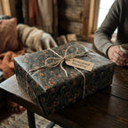 Rustic pine cone Christmas wrapping paper by Wrapped Studios, tied with twine on a wooden table.