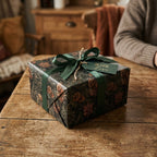 Rustic Christmas wrapping paper with woodland pine cone print and green satin ribbon by Wrapped Studios.