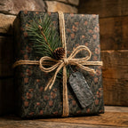Rustic forest Christmas gift wrap with twine bow, pine sprig, and 'For Him' tag by Wrapped Studios.