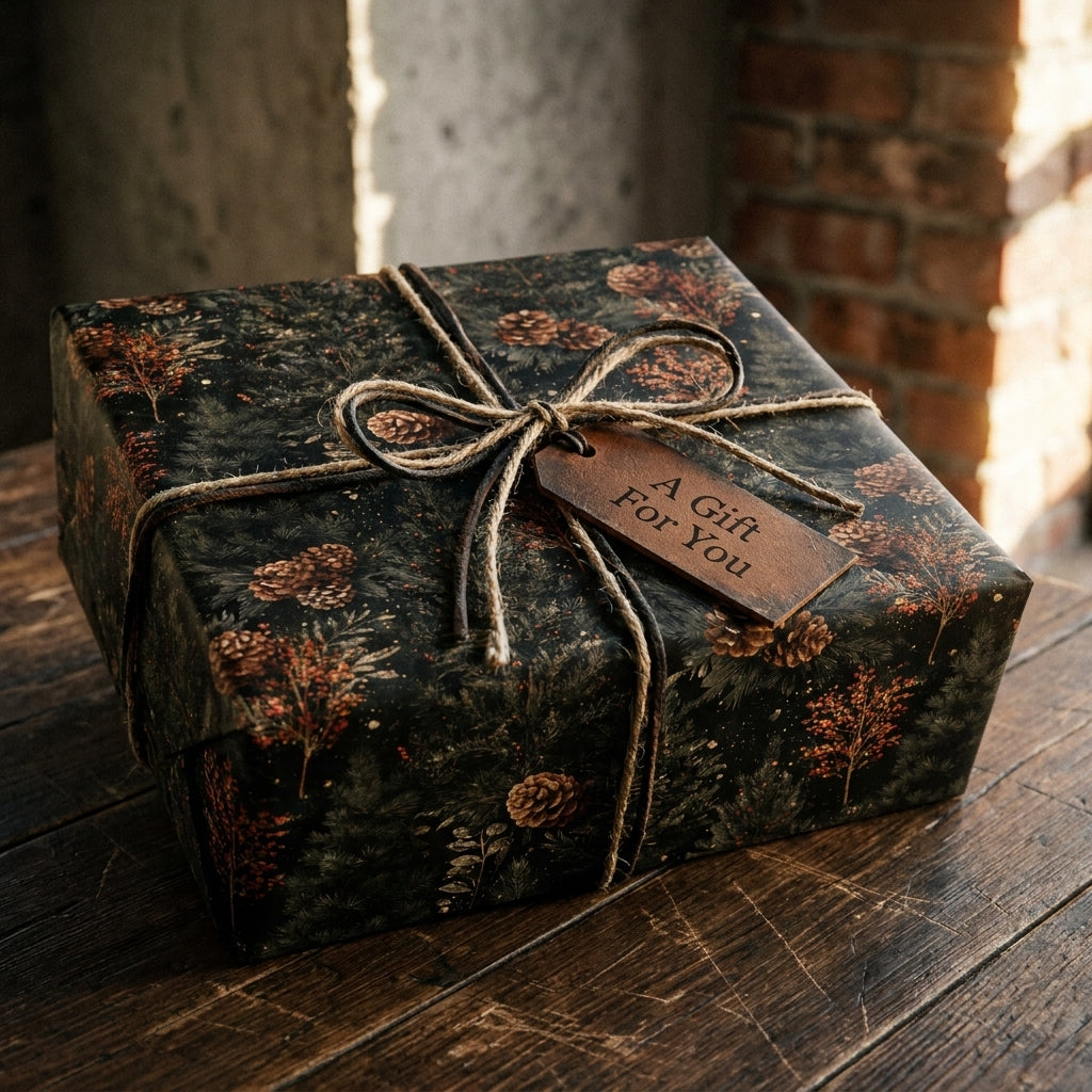 Rustic Christmas wrapping paper with pinecone pattern and twine bow on wooden table by Wrapped Studios.