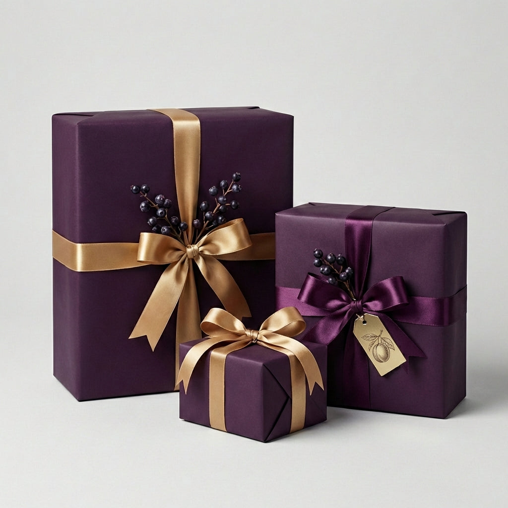 Elegant dark purple gift boxes wrapped with gold and plum satin ribbon for birthday or special occasion.