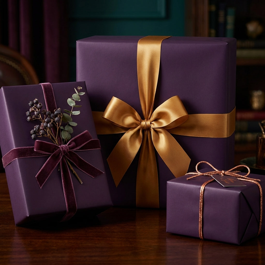 Elegant plum purple gift wrapping paper with gold & velvet ribbons, ideal for luxury presents.