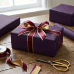 Elegant purple gift wrap with gold ribbon & scissors. Solid color wrapping paper for birthday, Christmas, or wedding gifts.