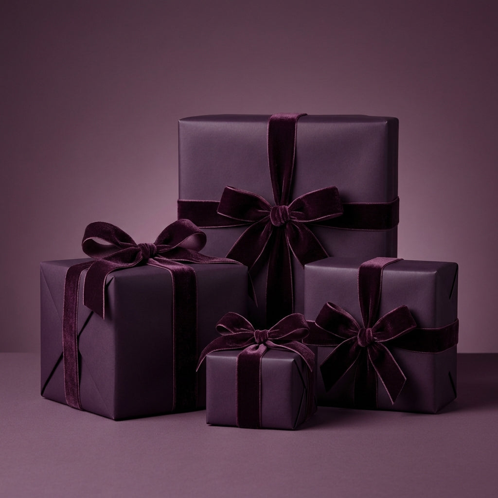 Elegant plum wrapping paper with velvet ribbon bows on stacked gift boxes.