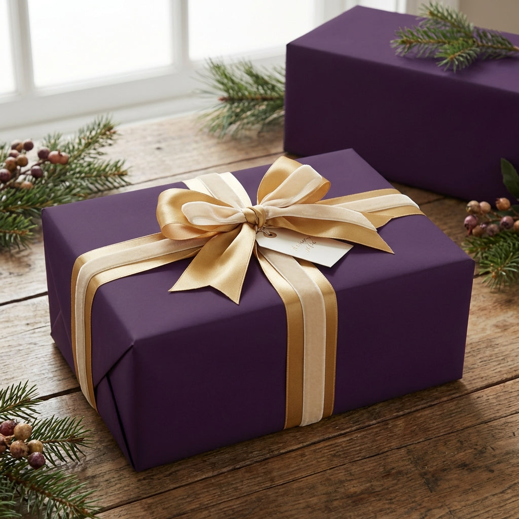 Elegant plum purple wrapping paper on a gift box with a gold ribbon and holiday greenery.