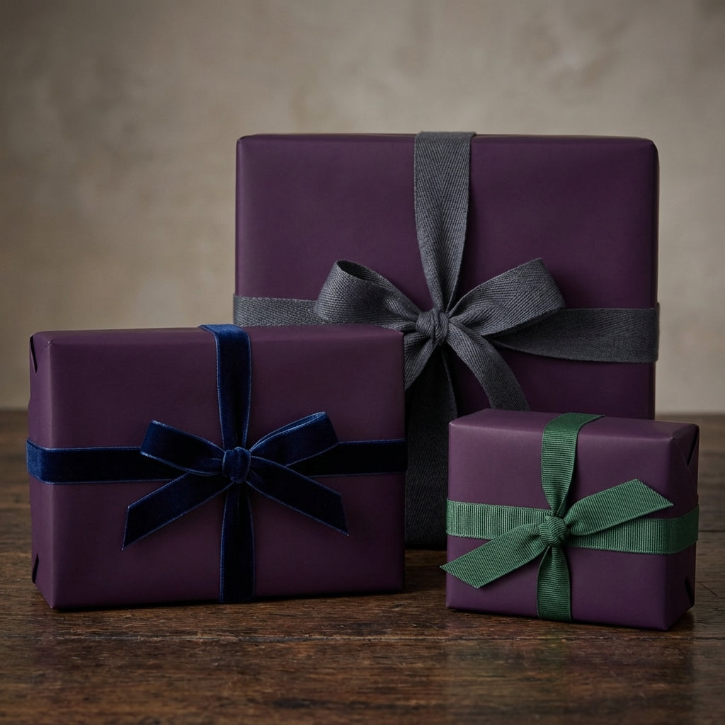 Elegant eggplant purple gift wrapping paper with velvet and grosgrain ribbon on wood table.