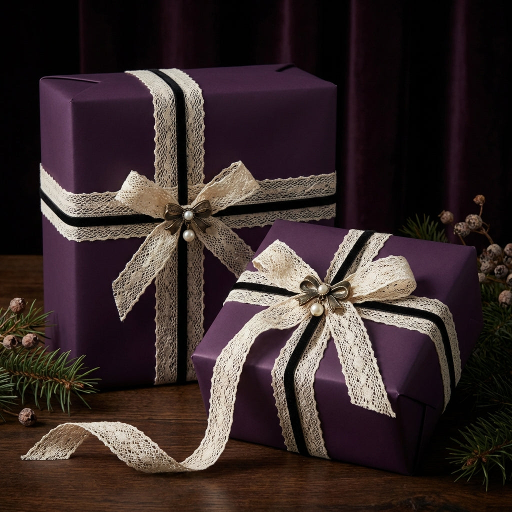 Elegant purple gift wrap with lace ribbon and pearl embellishment, perfect for Christmas or special occasions.