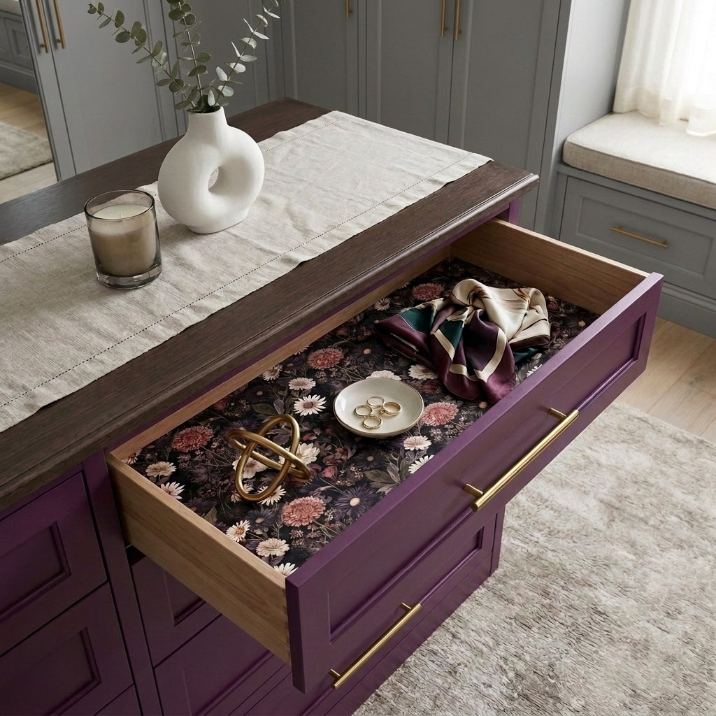 Dark floral wrapping paper used as a luxury drawer liner in a purple dresser by Wrapped Studios.