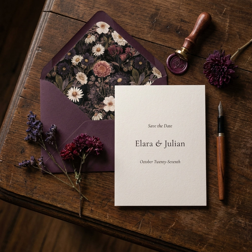 Elegant dark floral save the date card with plum botanical envelope liner by Wrapped Studios.