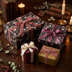 Moody floral wrapping paper and luxury gift wrap with velvet ribbons by Wrapped Studios.