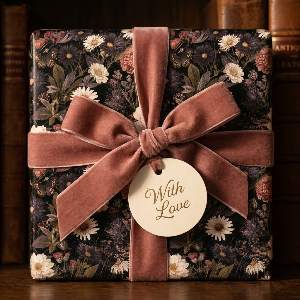 Luxury floral wrapping paper with dusty rose velvet bow and 'With Love' gift tag by Wrapped Studios.