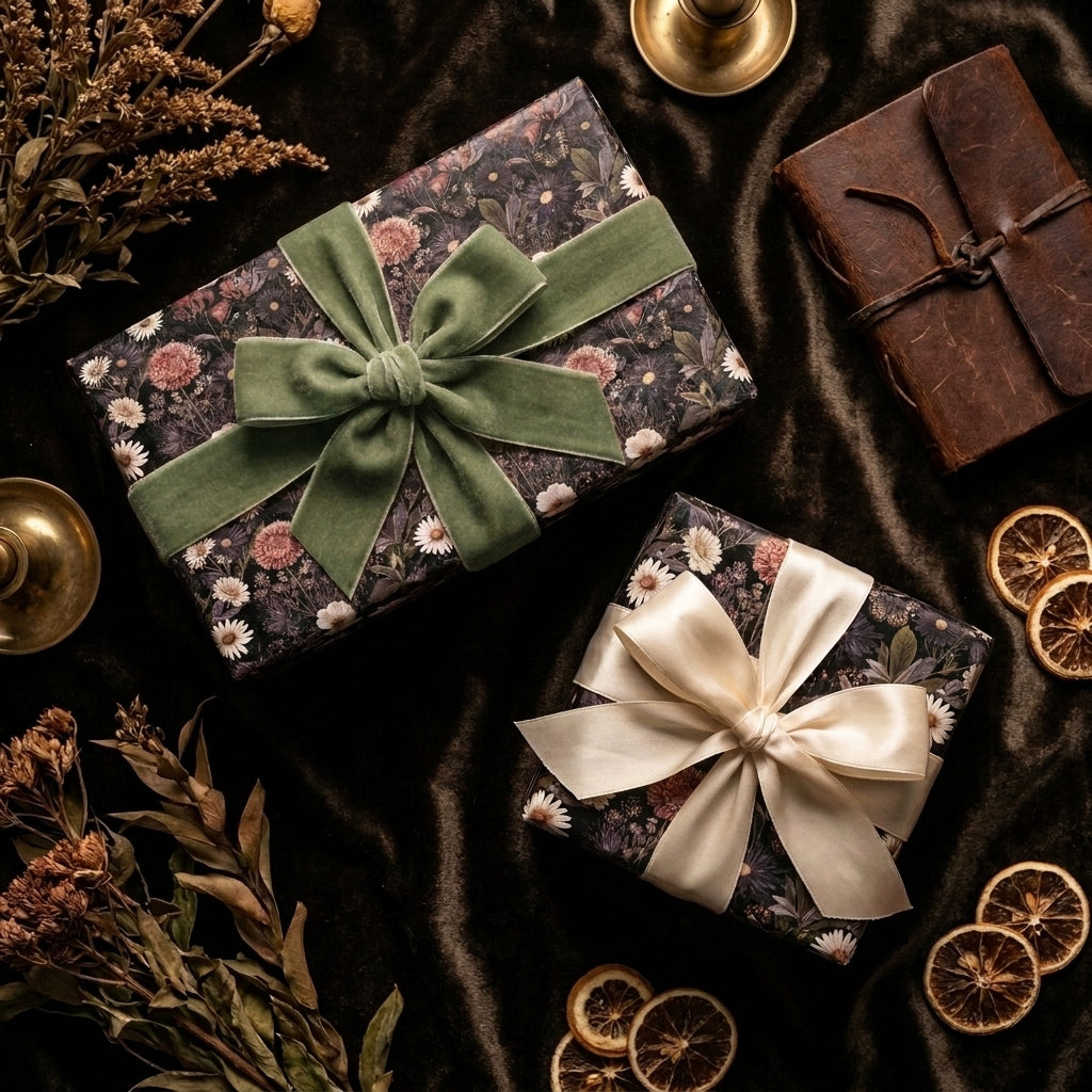 Moody floral wrapping paper by Wrapped Studios on luxury gifts with green velvet and cream satin bows.