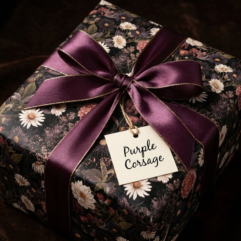 Luxury vintage floral wrapping paper with a purple bow and 'Purple Corsage' tag by Wrapped Studios.