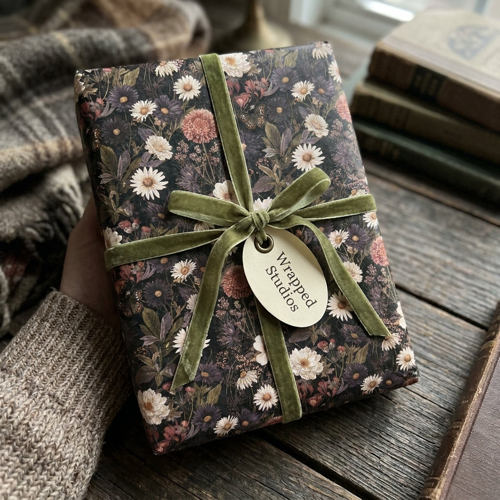 Vintage floral wrapping paper in a dark botanical print with sage green velvet ribbon by Wrapped Studios.