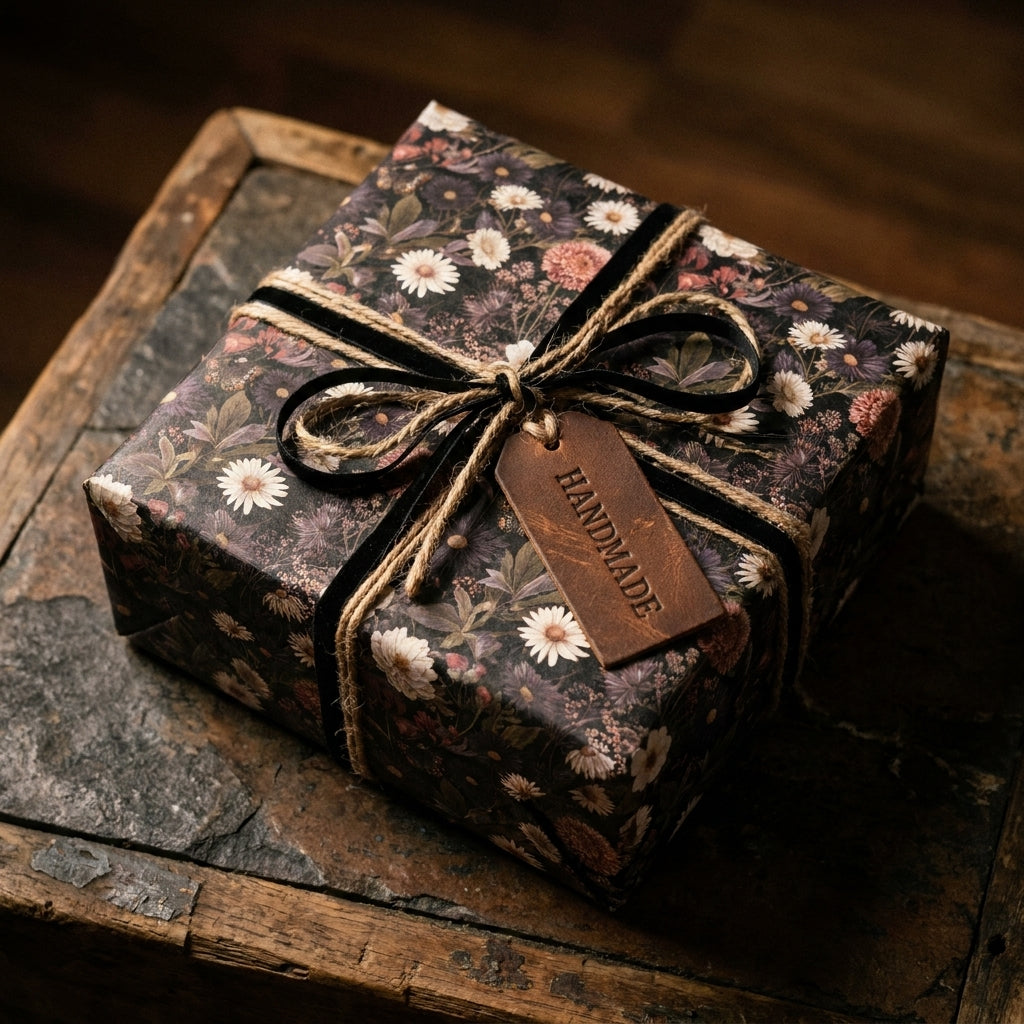 Dark vintage floral wrapping paper with black ribbon and leather tag on a rustic gift box by Wrapped Studios.