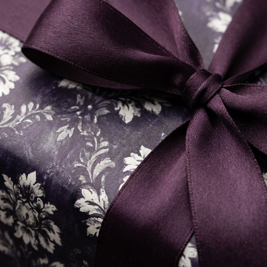 Luxury purple floral wrapping paper with a dark purple satin ribbon bow by Wrapped Studios.
