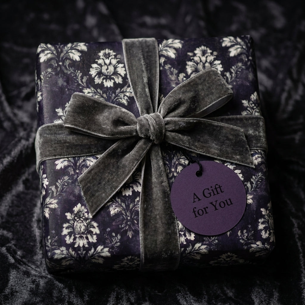 Luxury gothic wrapping paper in dark purple damask with a grey velvet bow by Wrapped Studios.