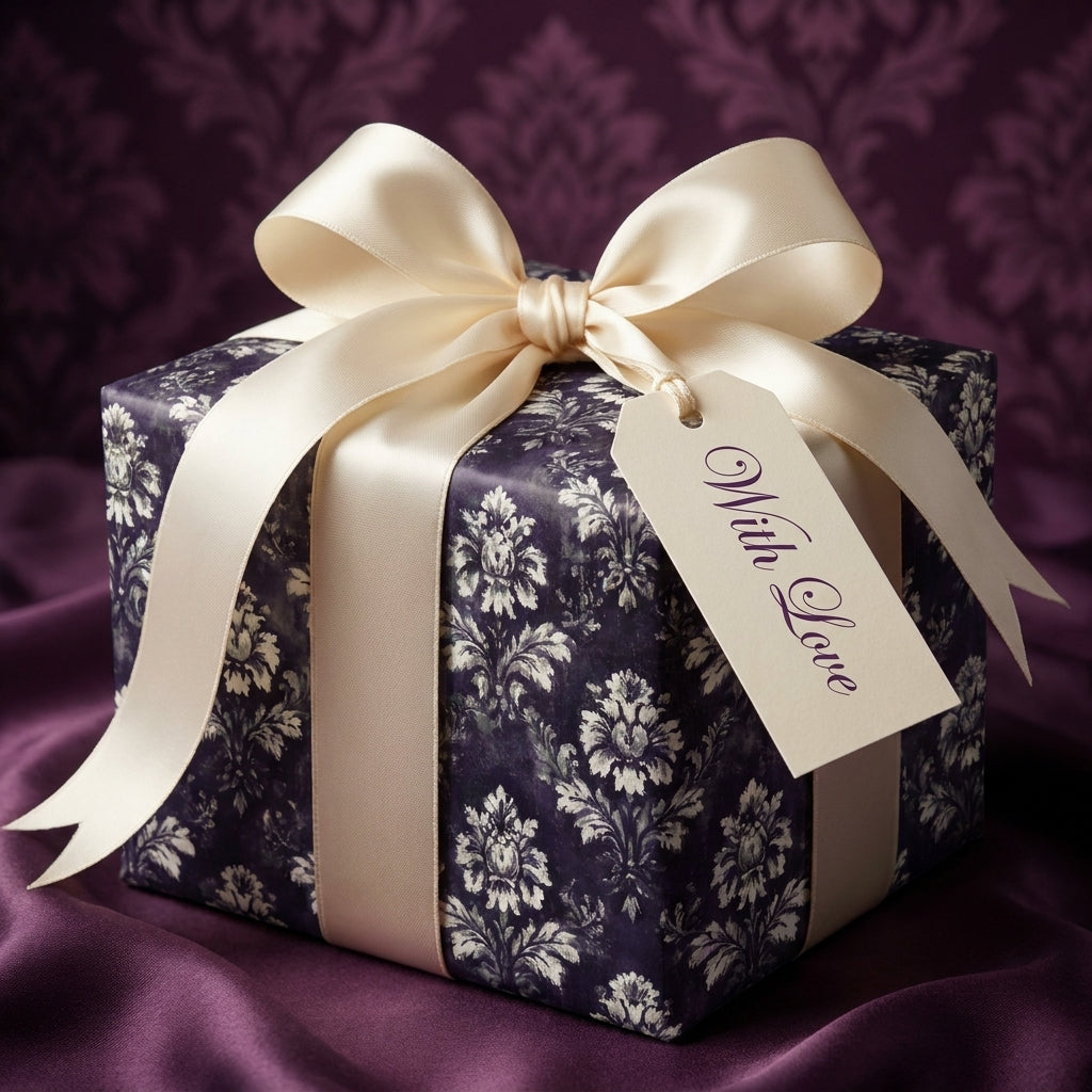Luxury purple damask wrapping paper with a cream satin bow and gift tag by Wrapped Studios.