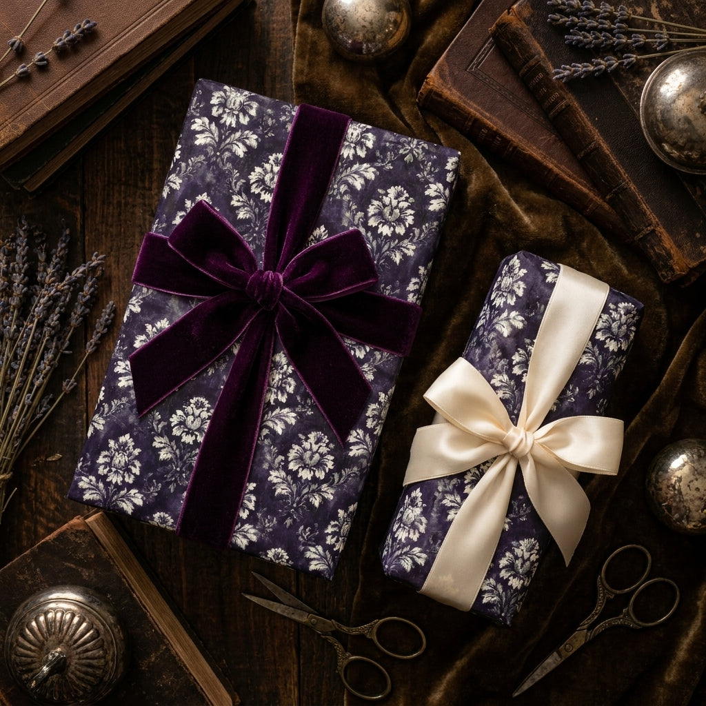 Luxury dark purple floral wrapping paper on gifts with velvet and satin bows by Wrapped Studios.