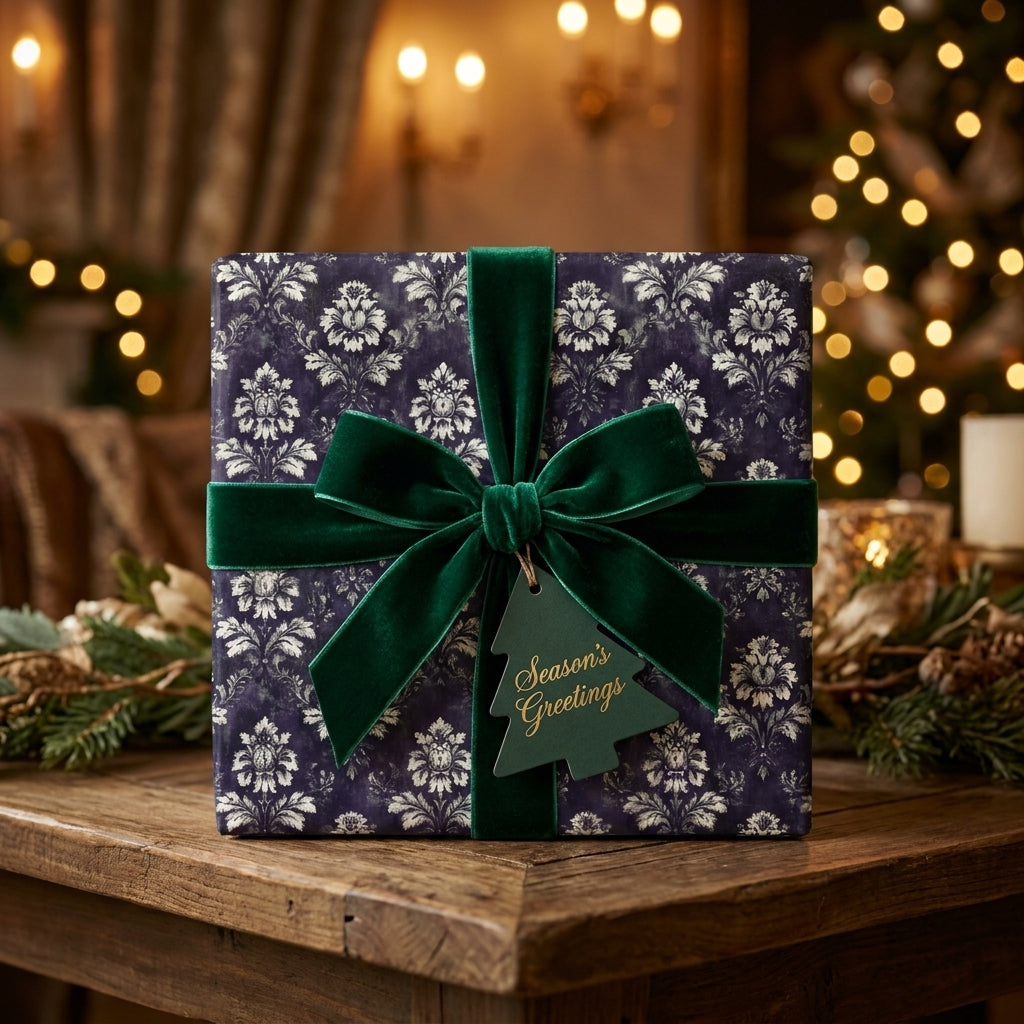 Luxury Christmas gift wrap with dark purple damask pattern and green velvet bow by Wrapped Studios.