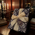 Vintage purple floral damask wrapping paper on a luxury wedding gift by Wrapped Studios.